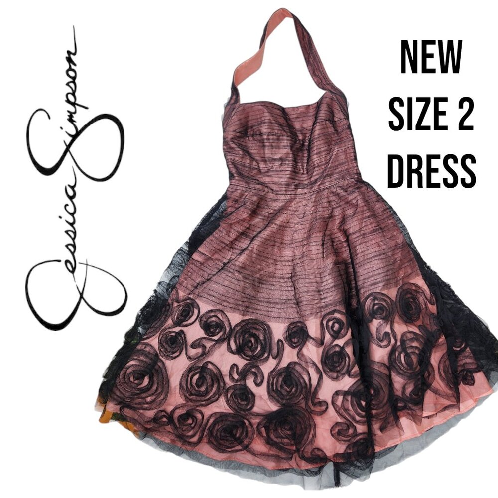 NEW Jessica Simpson Halter Cocktail Prom Dress Bridal Dance Retro Black Lace Pin